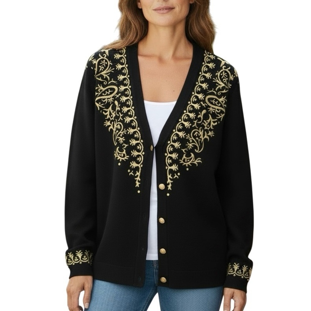 CASUAL CORNER Black Cardigan Sweater Gold Embroidery Wool Blend
